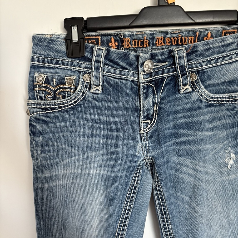 Rock Revival Jeans Size 26 Women's Anja Boot Denim Rhinestones Distressed Blue - Picture 4 of 15